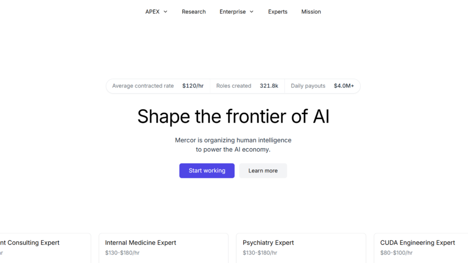 16 - Mercor homepage hero: bold 'Shape the frontier of AI' with subtitle and two call-to-action buttons, logo on left and navigation at top.
