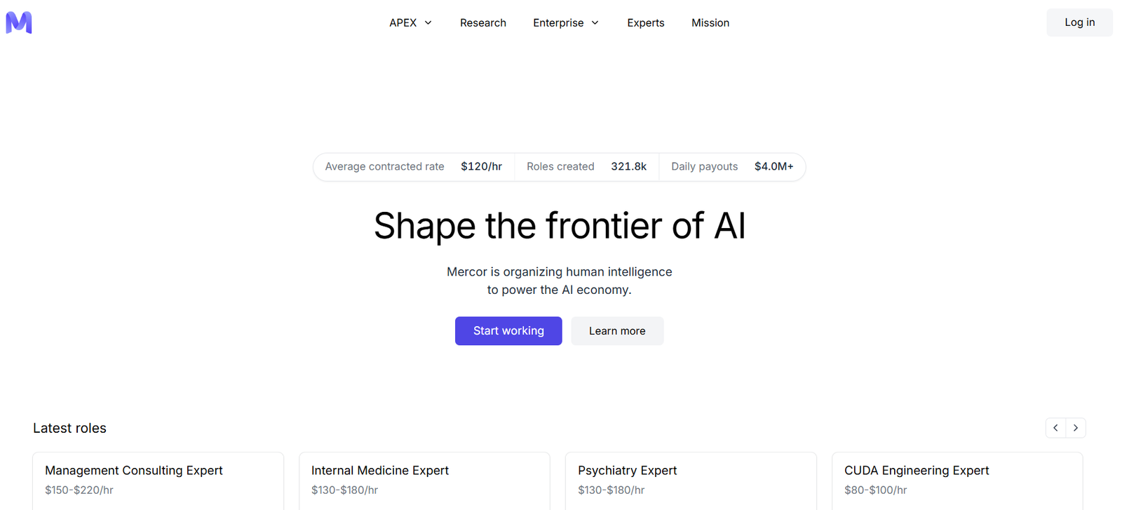 16 - Mercor homepage hero: bold 'Shape the frontier of AI' with subtitle and two call-to-action buttons, logo on left and navigation at top.