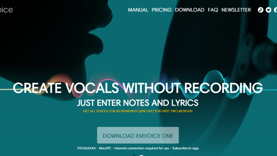 16 - Teal-toned hero image with a microphone in the foreground and the headline 'CREATE VOCALS WITHOUT RECORDING' across the center.