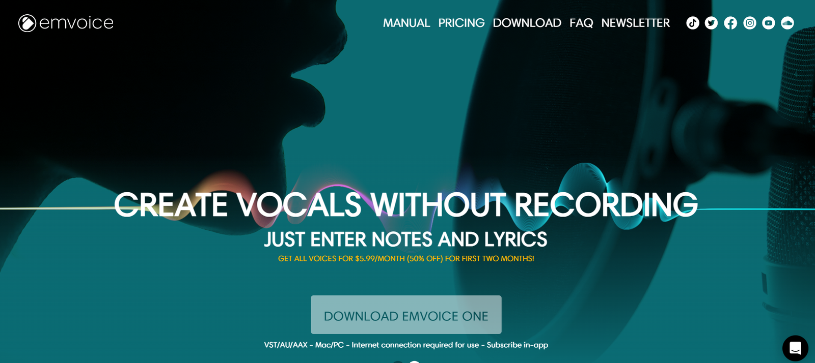16 - Teal-toned hero image with a microphone in the foreground and the headline 'CREATE VOCALS WITHOUT RECORDING' across the center.