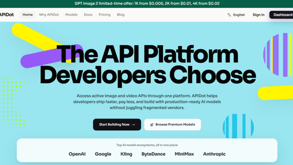 17 - Hero banner with bold headline 'The API Platform Developers Choose' on a bright blue background, featuring abstract yellow and purple shapes and a top navigation bar with APIDot logo.