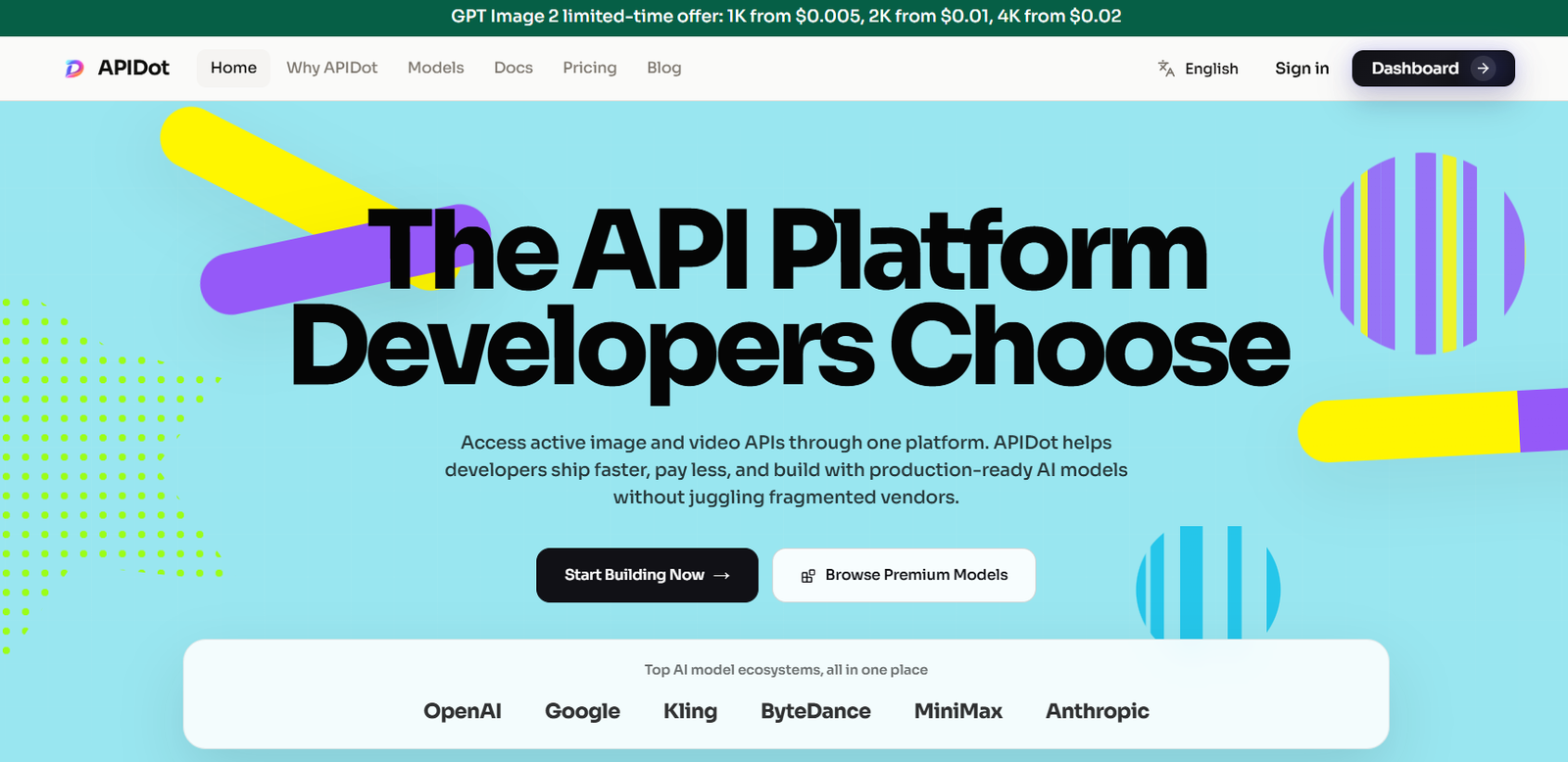 17 - Hero banner with bold headline 'The API Platform Developers Choose' on a bright blue background, featuring abstract yellow and purple shapes and a top navigation bar with APIDot logo.