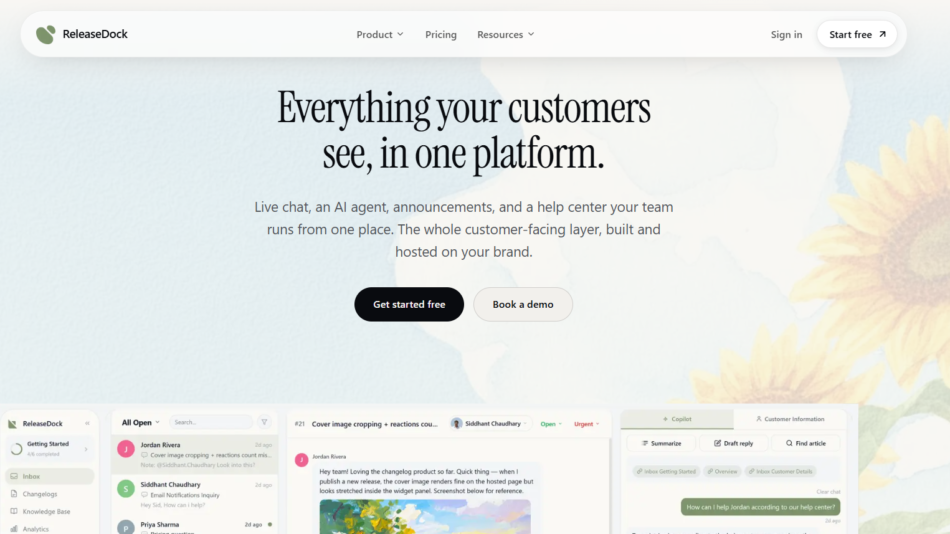 Hero banner for ReleaseDock: headline 'Everything your customers see, in one platform' with two call-to-action buttons over a sunflower-themed background and navigation bar above.