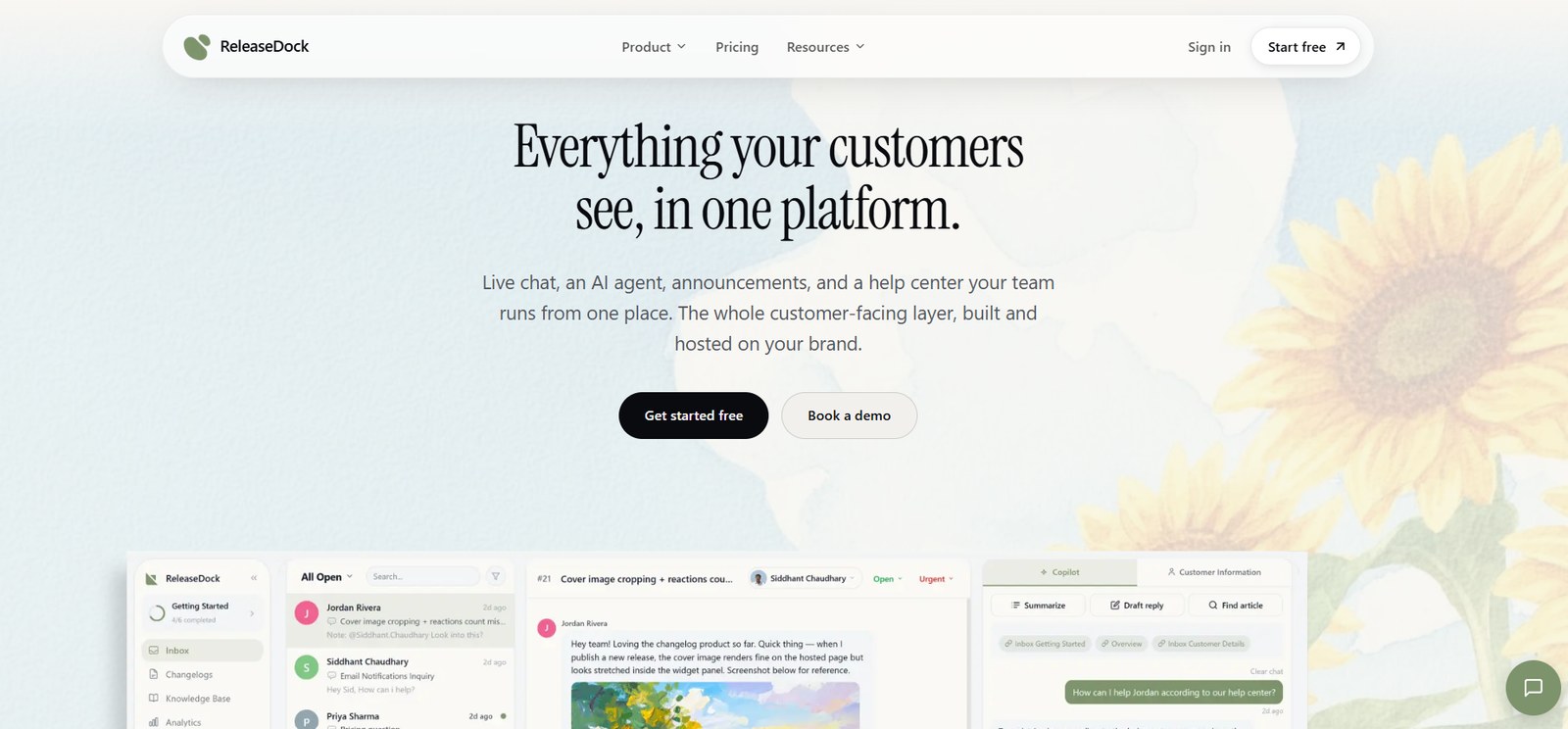 17 - Hero banner for ReleaseDock: headline 'Everything your customers see, in one platform' with two call-to-action buttons over a sunflower-themed background and navigation bar above.