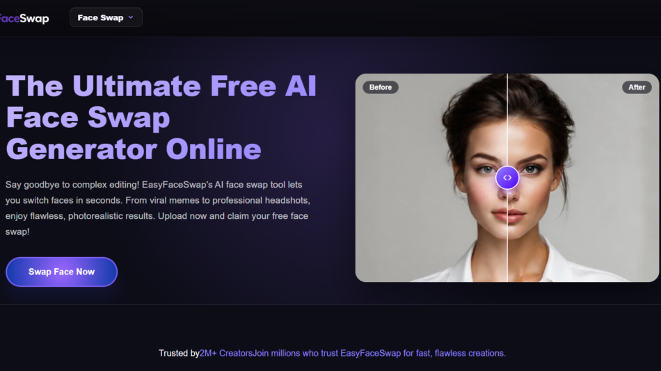 17 - Hero section promoting a free AI face swap tool with left-aligned purple headline and a right-side before/after face swap image in a rounded card.