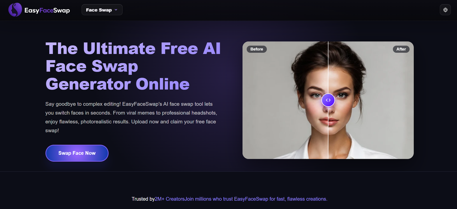 17 - Hero section promoting a free AI face swap tool with left-aligned purple headline and a right-side before/after face swap image in a rounded card.