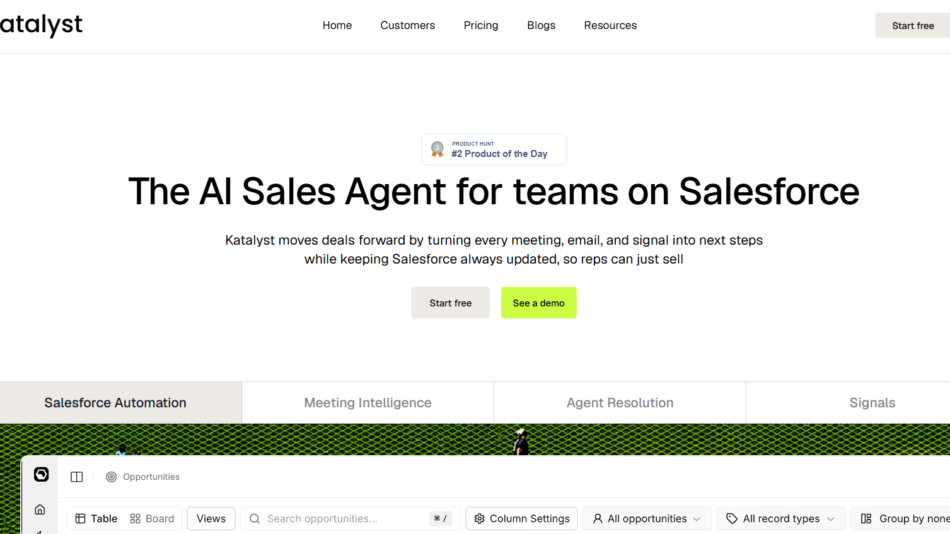 Katalyst homepage hero: The AI sales agent for teams on Salesforce with Start free and See a demo CTAs above a large headline.
