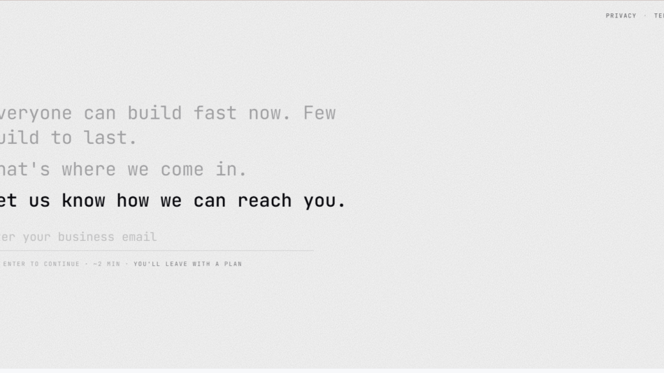 17 - Hero section with three lines of large, gray typography stating: “Everyone can build fast now. Few build to last.”, “That’s where we come in.” and “Let us know how we can reach you.”; small blue chevron bullets, Symph logo top-left, light textured background, bottom-left pixel character.