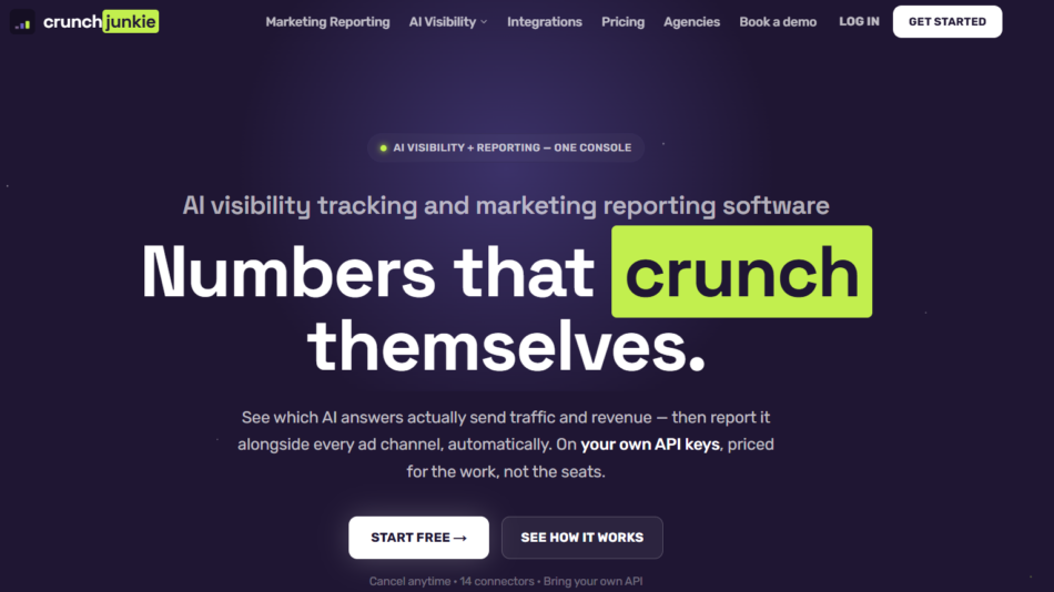 17 - Hero section on a dark purple page: large headline 'Numbers that crunch themselves' with a lime 'crunch' badge, subheading about AI visibility, and two CTAs 'START FREE' and 'SEE HOW IT WORKS'