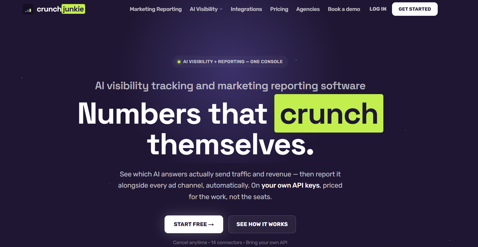 17 - Hero section on a dark purple page: large headline 'Numbers that crunch themselves' with a lime 'crunch' badge, subheading about AI visibility, and two CTAs 'START FREE' and 'SEE HOW IT WORKS'