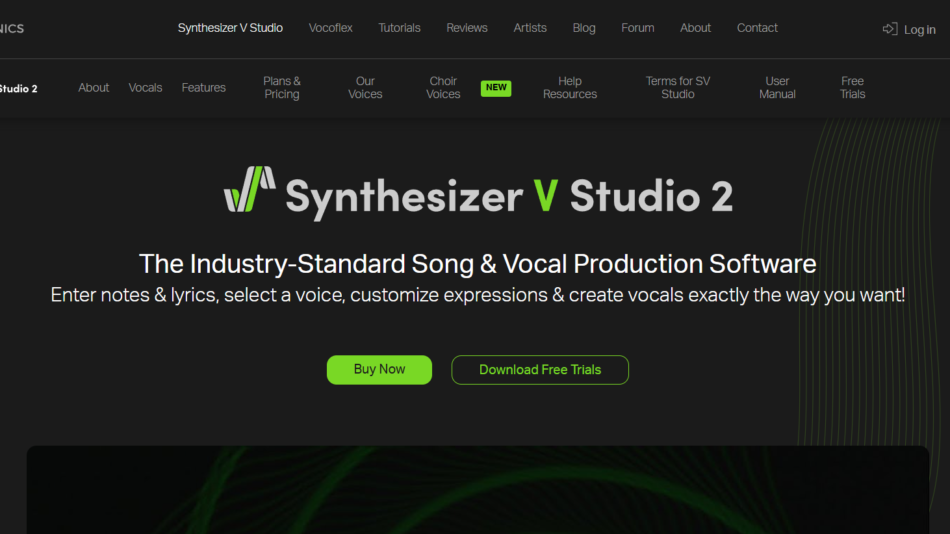 17 - Hero banner for Synthesizer V Studio 2 software: dark header with logo and the headline 'Synthesizer V Studio 2' and subheading 'The Industry-Standard Song & Vocal Production Software' with 'Buy Now' button visible.