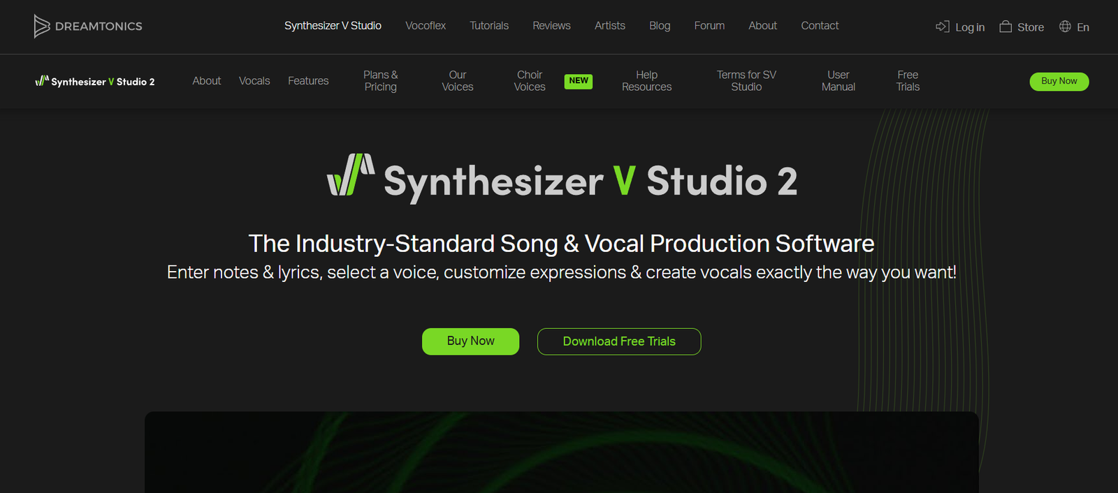 17 - Hero banner for Synthesizer V Studio 2 software: dark header with logo and the headline 'Synthesizer V Studio 2' and subheading 'The Industry-Standard Song & Vocal Production Software' with 'Buy Now' button visible.