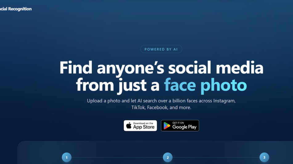 18 - Hero header with logo and 'Facial Recognition' text on a dark blue gradient; large headline reads 'Find anyone’s social media from just a face photo' with app store badges nearby.