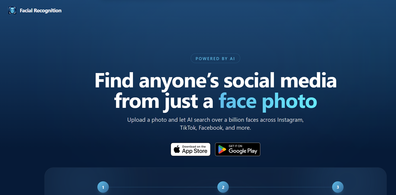 18 - Hero header with logo and 'Facial Recognition' text on a dark blue gradient; large headline reads 'Find anyone’s social media from just a face photo' with app store badges nearby.