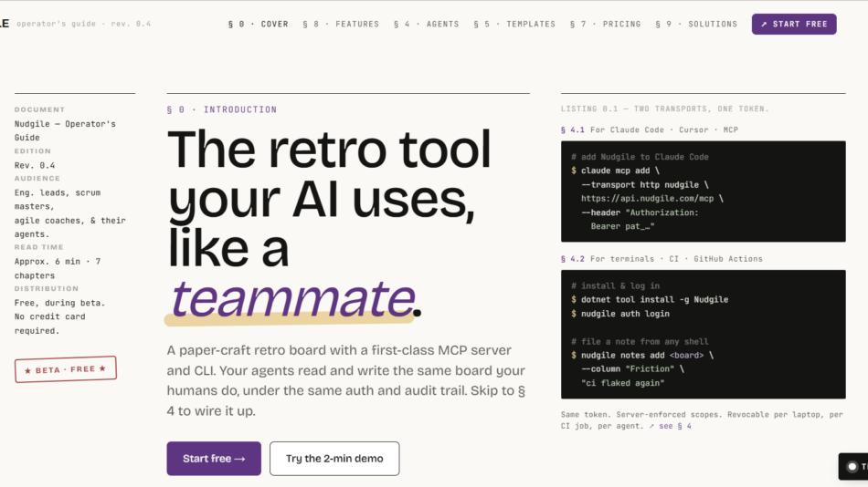 18 - Nudgile docs hero: left info column, large headline about a teammate AI, and right code sample blocks on a cream background.