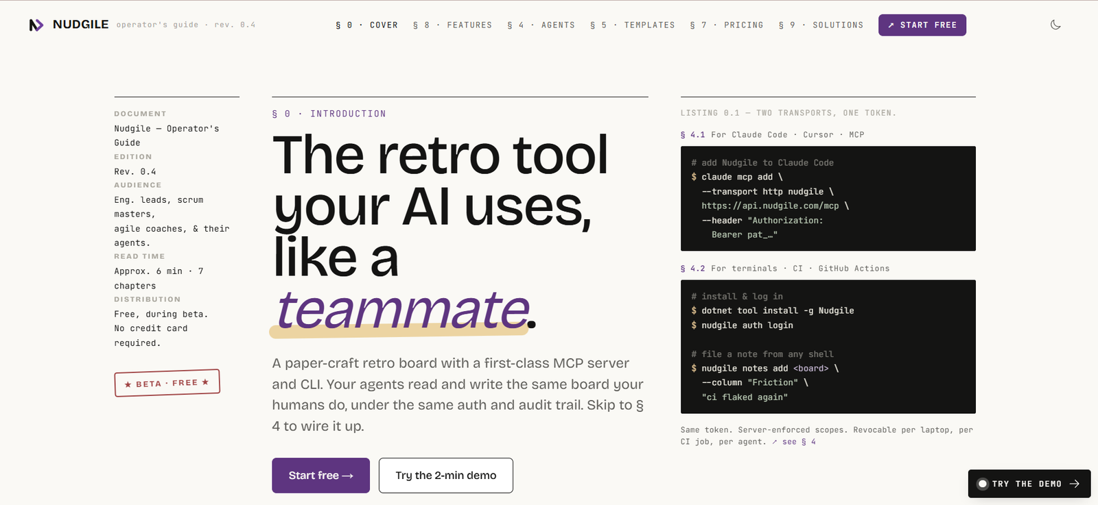 18 - Nudgile docs hero: left info column, large headline about a teammate AI, and right code sample blocks on a cream background.