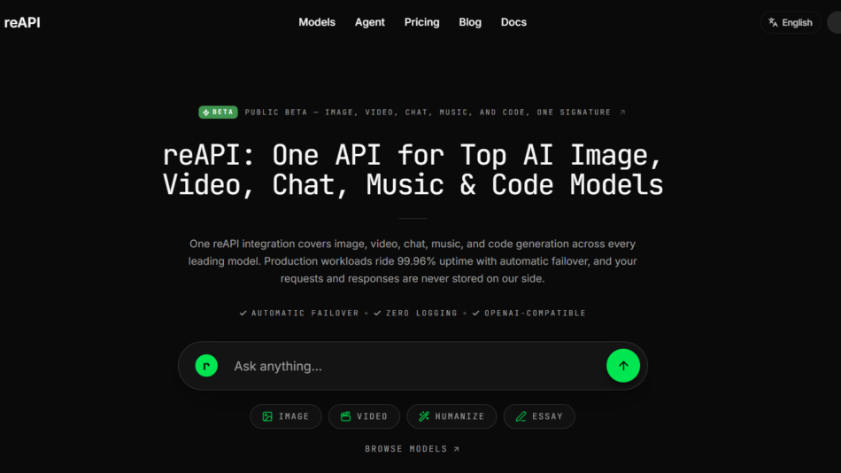 18 - Hero section announcing reAPI: a dark marketing page with the logo, navigation, and a large headline about AI image, video, chat, music, and code models.