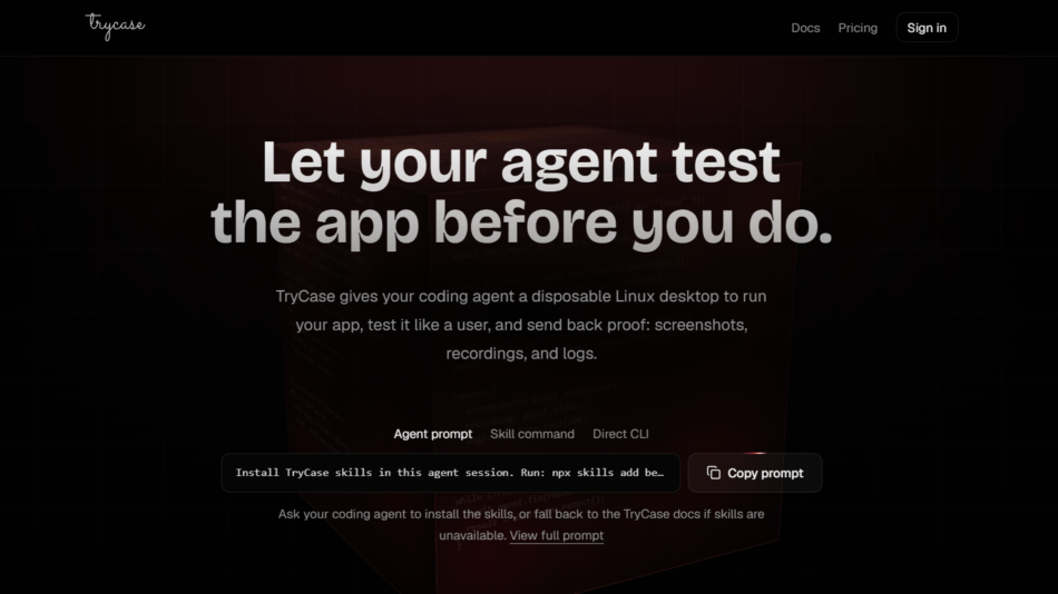 18 - Dark hero with large headline 'Let your agent test the app before you do.' over a red-tinted code background, with top navigation.