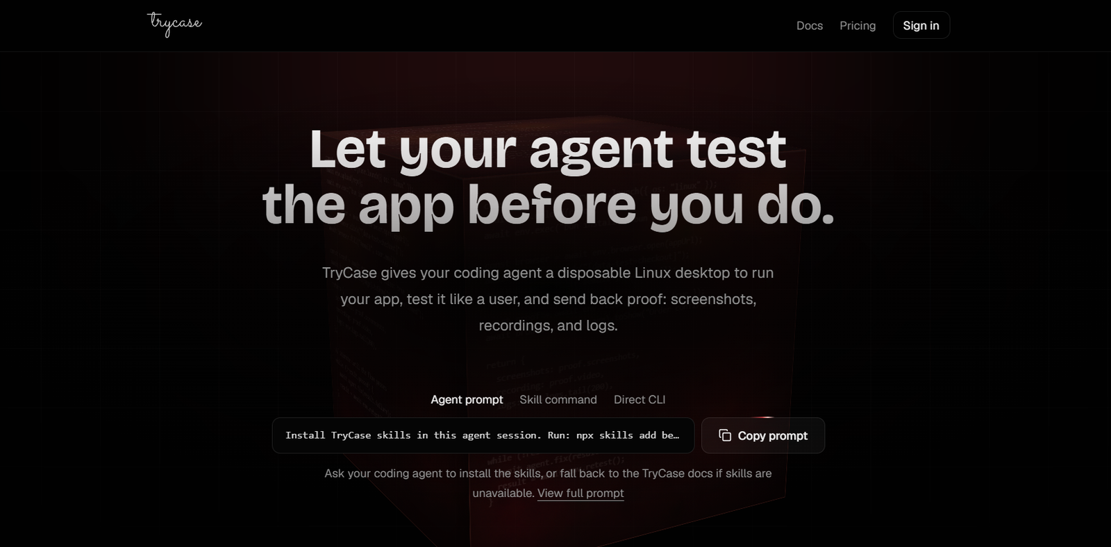 18 - Dark hero with large headline 'Let your agent test the app before you do.' over a red-tinted code background, with top navigation.