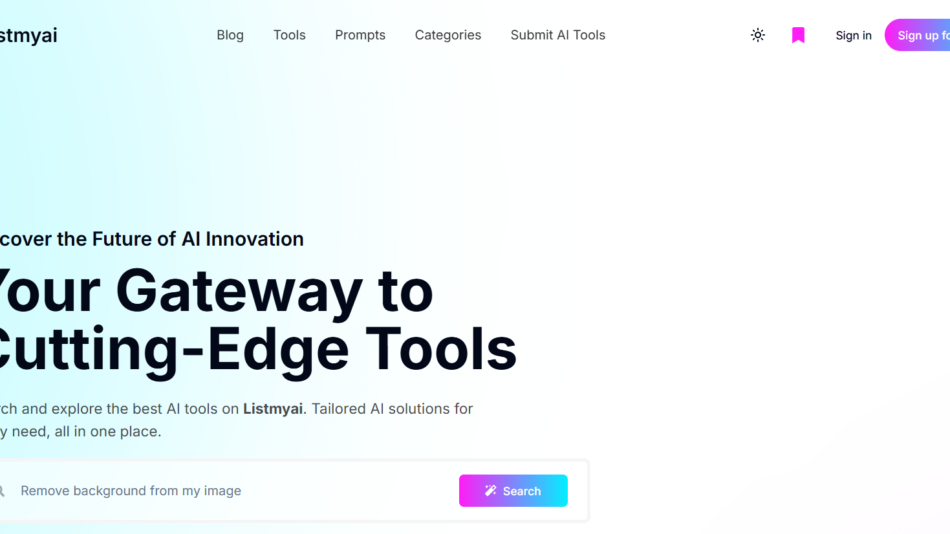 18 - Listmyai homepage hero with gradient blue left, bold headline 'Your Gateway to Cutting-Edge Tools' and a search bar below a light gradient background.