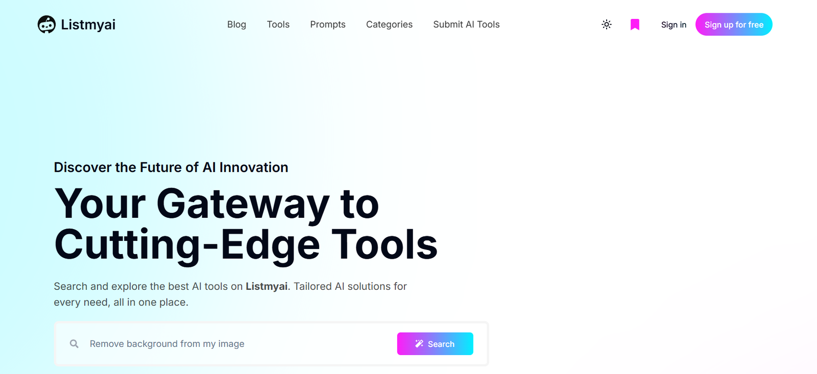 18 - Listmyai homepage hero with gradient blue left, bold headline 'Your Gateway to Cutting-Edge Tools' and a search bar below a light gradient background.