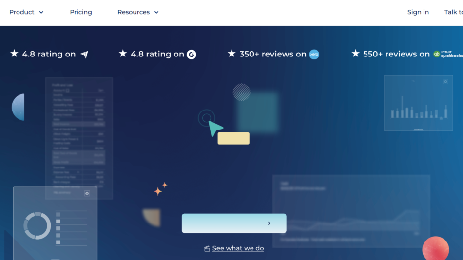 Blue gradient hero banner with company logo and navigation, featuring rating/review badges and abstract tech illustrations across the scene.