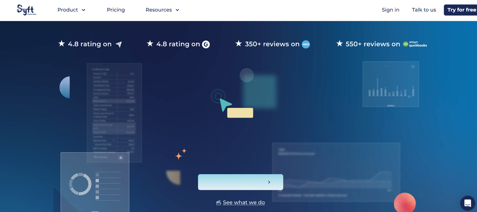 18 - Blue gradient hero banner with company logo and navigation, featuring rating/review badges and abstract tech illustrations across the scene.