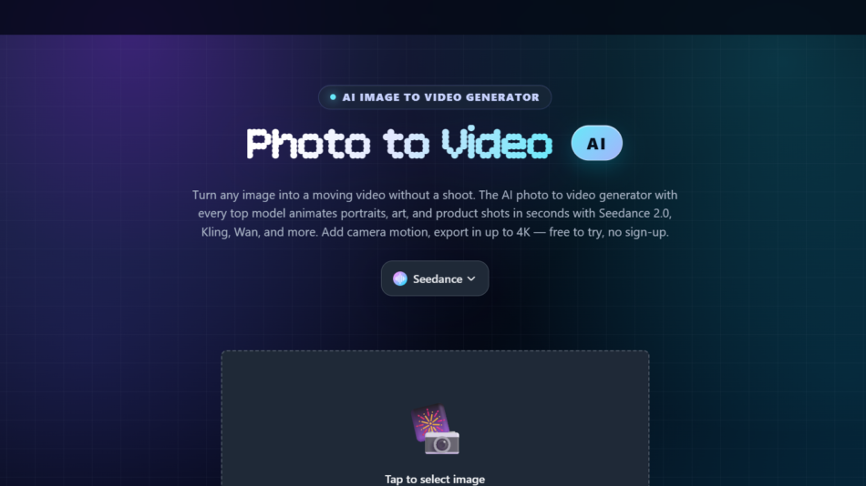 18 - Hero section for Photo to Video AI with dark gradient grid background, large title, and image-upload area reading 'Tap to select image'