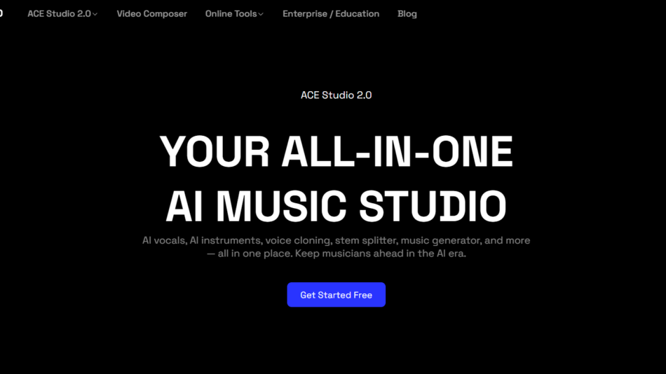 18 - ACE Studio 2.0 hero: bold all-caps 'YOUR ALL-IN-ONE AI MUSIC STUDIO' with a 'Get Started Free' button on black background.