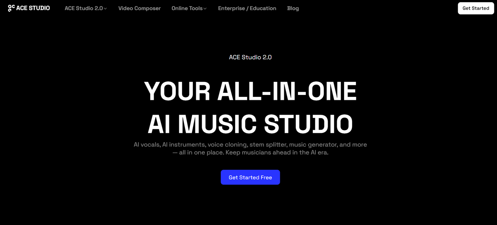18 - ACE Studio 2.0 hero: bold all-caps 'YOUR ALL-IN-ONE AI MUSIC STUDIO' with a 'Get Started Free' button on black background.