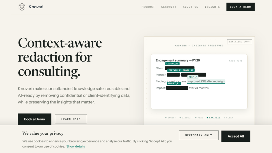 19 - Knovari homepage hero: large serif headline 'Context-aware redaction for consulting' with descriptive paragraph and two CTAs ('Book a Demo' and 'Learn More'), plus a right-side preview image labeled 'Sanitized Copy' and a cookie banner at the bottom.