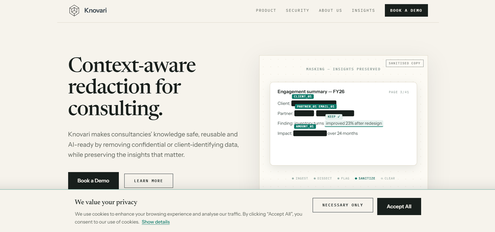 19 - Knovari homepage hero: large serif headline 'Context-aware redaction for consulting' with descriptive paragraph and two CTAs ('Book a Demo' and 'Learn More'), plus a right-side preview image labeled 'Sanitized Copy' and a cookie banner at the bottom.
