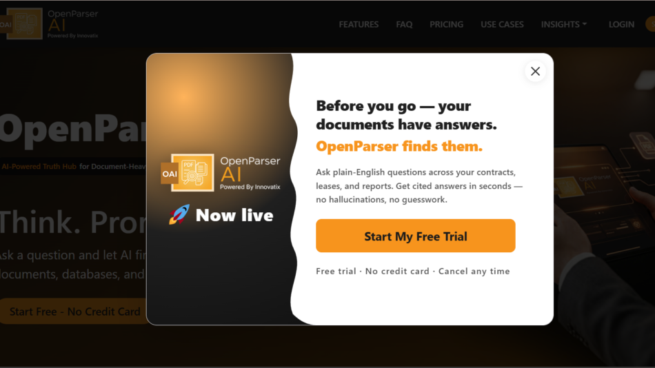 19 - Popup modal over a dimmed OpenParser page; left shows branding, right presents the message and a bold orange 'Start My Free Trial' button.