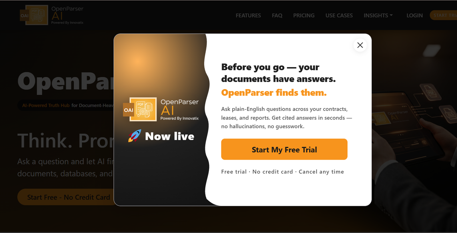 19 - Popup modal over a dimmed OpenParser page; left shows branding, right presents the message and a bold orange 'Start My Free Trial' button.