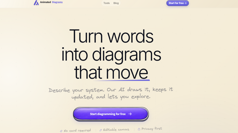 19 - Hero section with a large headline 'Turn words into diagrams that move', smaller subtitle, and a purple rounded CTA button 'Start diagramming for free' on a beige grid background.
