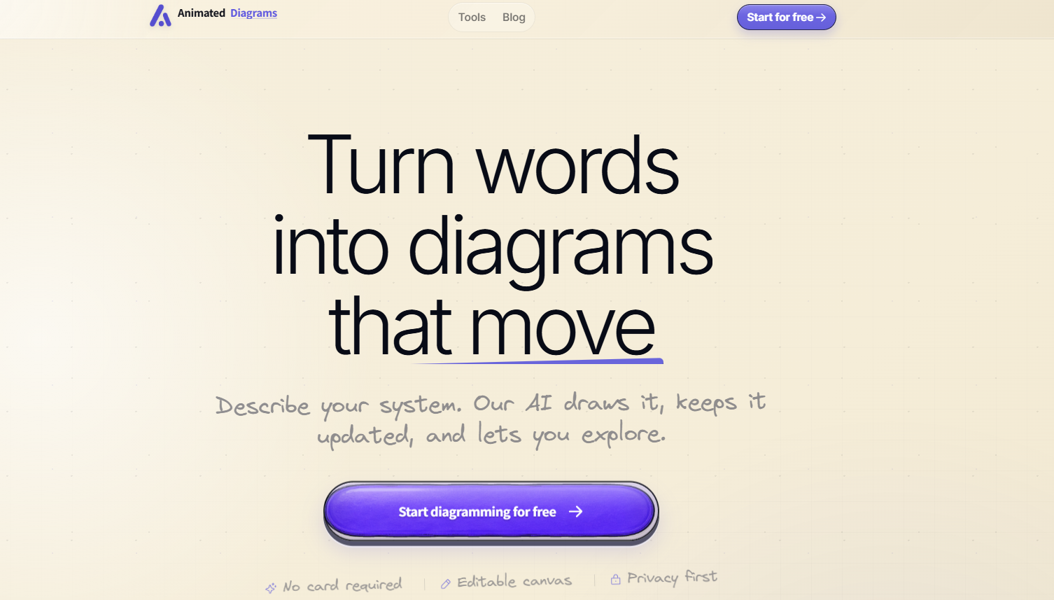 19 - Hero section with a large headline 'Turn words into diagrams that move', smaller subtitle, and a purple rounded CTA button 'Start diagramming for free' on a beige grid background.