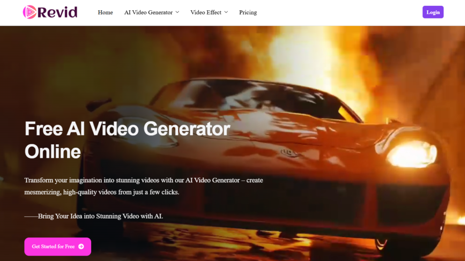 19 - Fire-engulfed car promotional hero with overlaid text 'Free AI Video Generator Online'.
