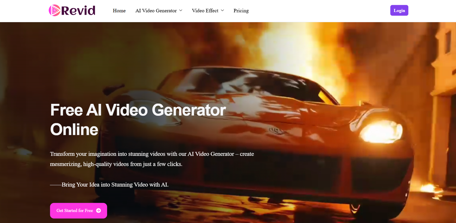 19 - Fire-engulfed car promotional hero with overlaid text 'Free AI Video Generator Online'.