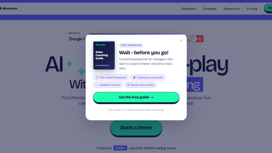 19 - Modal popup offering a free guide with an image of a dark blue book titled 'Sales Coaching Guide'; headline 'Wait - before you go!' and a bright green 'Get the free guide' button; a row of blue rounded feature chips like 'Call review framework' and 'Coaching scorecards' beneath the text; page background dimmed behind the modal.