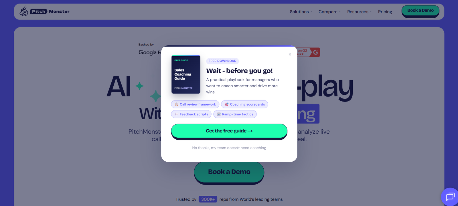19 - Modal popup offering a free guide with an image of a dark blue book titled 'Sales Coaching Guide'; headline 'Wait - before you go!' and a bright green 'Get the free guide' button; a row of blue rounded feature chips like 'Call review framework' and 'Coaching scorecards' beneath the text; page background dimmed behind the modal.