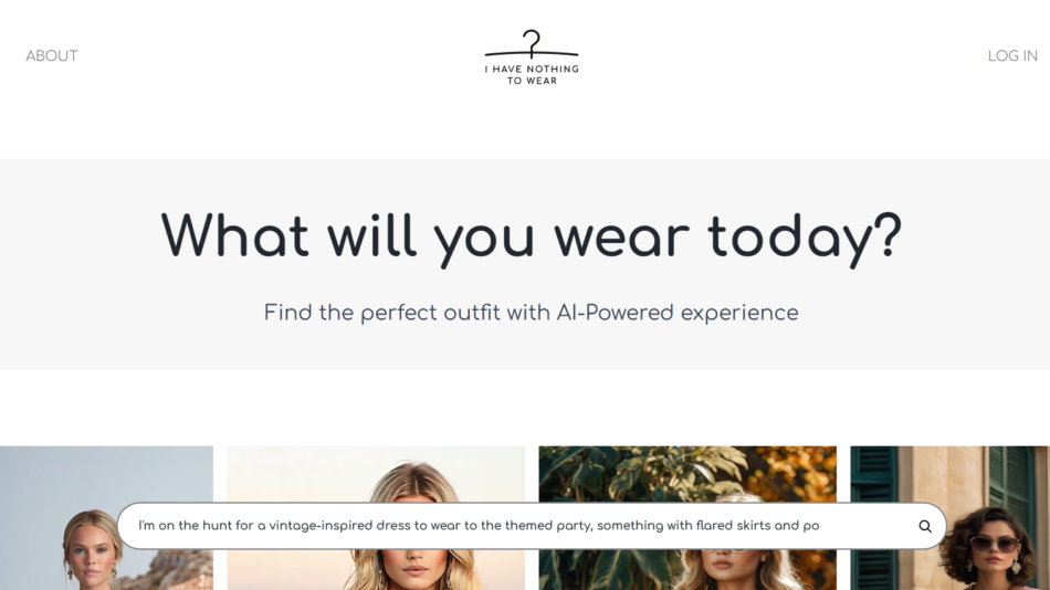 19 - Hero banner with the headline “What will you wear today?” and subtitle on a pale gray panel, logo centered above, and navigation links on the sides (fashion homepage).