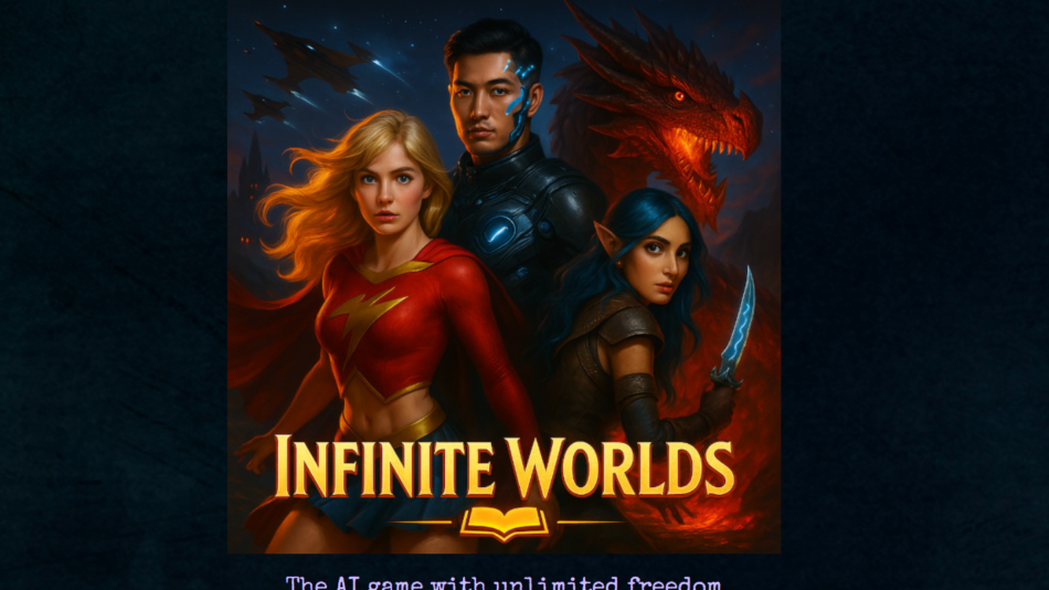 Infinite Worlds poster showing three fantasy heroes and a dragon, with the title 'Infinite Worlds' and the slogan 'The AI game with unlimited freedom'.