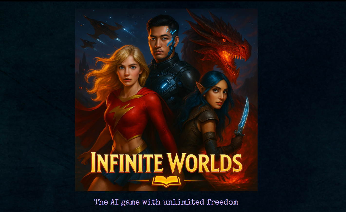 19 - Infinite Worlds poster showing three fantasy heroes and a dragon, with the title 'Infinite Worlds' and the slogan 'The AI game with unlimited freedom'.