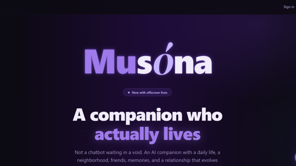 Musóna logo on a dark gradient hero with a glowing purple title and a circular action button above the fold
