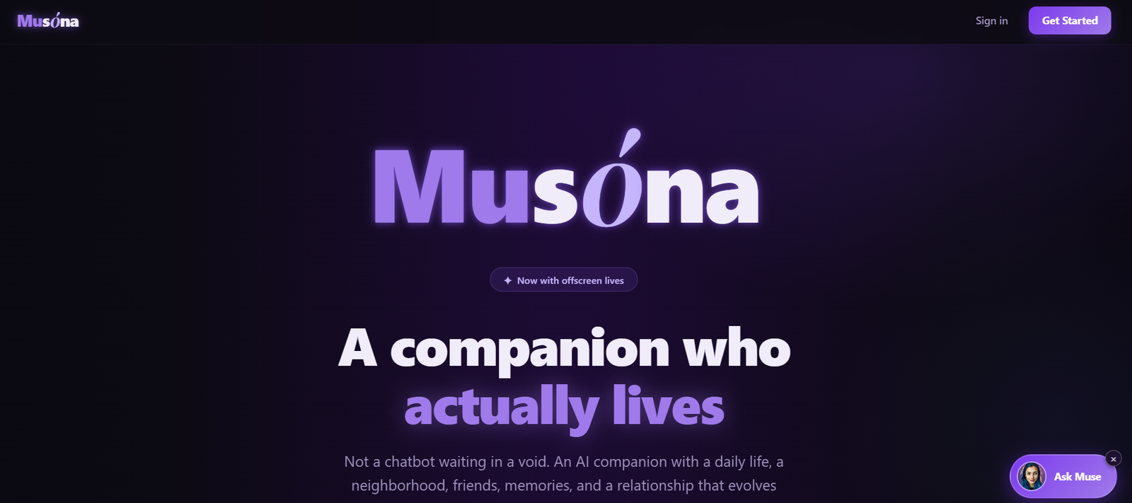 19 - Musóna logo on a dark gradient hero with a glowing purple title and a circular action button above the fold