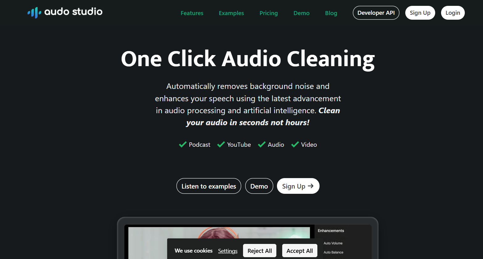 19 - Hero section of Audo Studio: dark background, logo top-left with navigation, large 'One Click Audio Cleaning' headline and descriptive subtitle, plus checkmarks for Podcast, YouTube, Audio, Video and three rounded CTA buttons: Listen to examples, Demo, Sign Up.