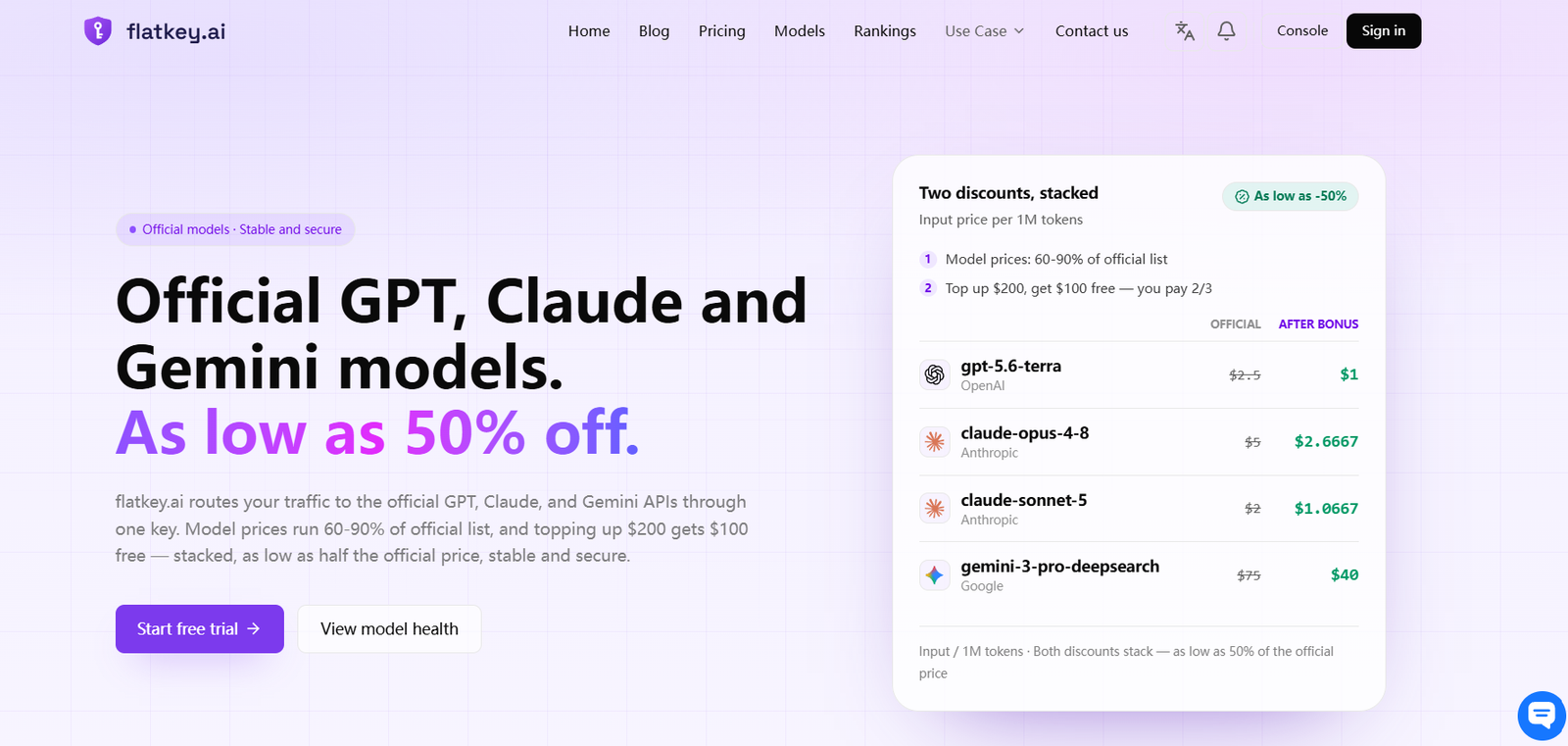 2 - Hero section promoting official GPT, Claude and Gemini models with discounts up to 50% off; a right-side pricing panel shows stacked discounts and model prices.