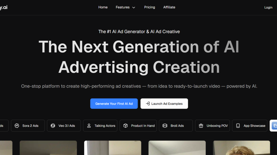 Nextify.ai homepage hero: dark banner with logo, navigation, and a large headline reading 'The Next Generation of AI Advertising Creation' with two call-to-action buttons.