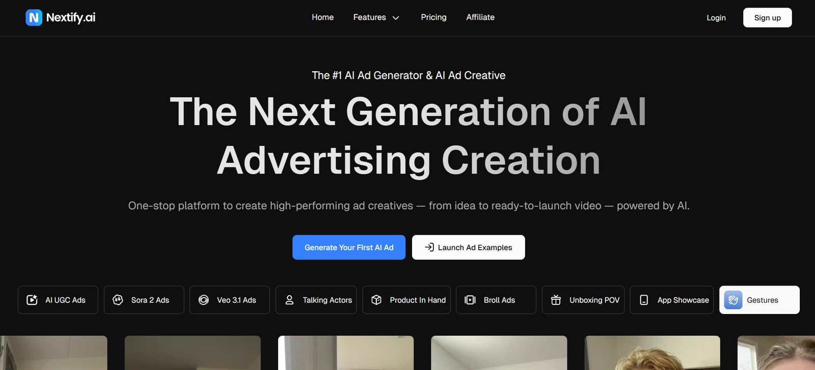2 - Nextify.ai homepage hero: dark banner with logo, navigation, and a large headline reading 'The Next Generation of AI Advertising Creation' with two call-to-action buttons.