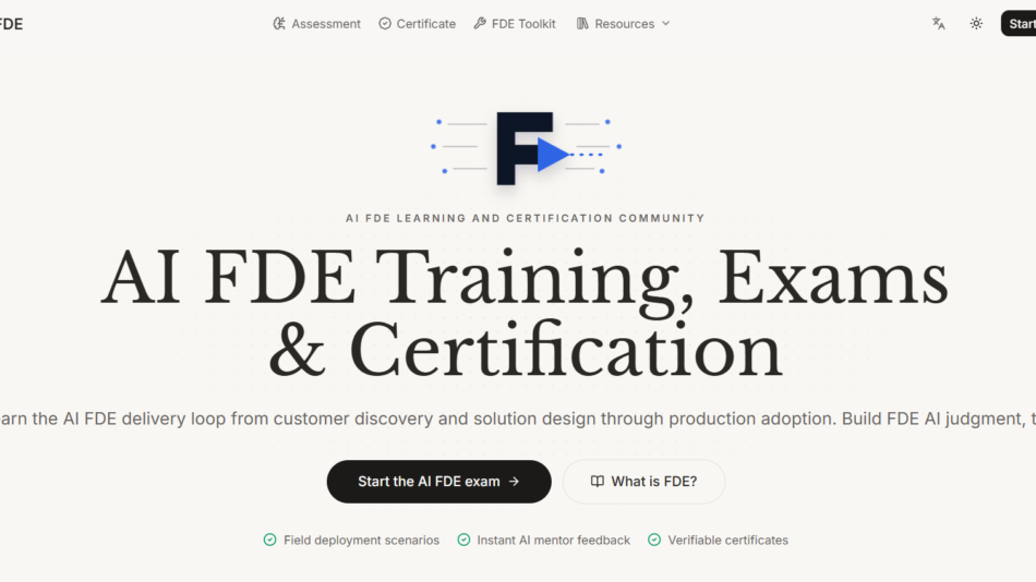 AI FDE hero: logo centered above the title 'AI FDE Training, Exams & Certification' with a subtitle and two CTA buttons.